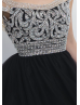 Black Tulle Beaded Scoop Neckline Backless Knee Length Prom Dress